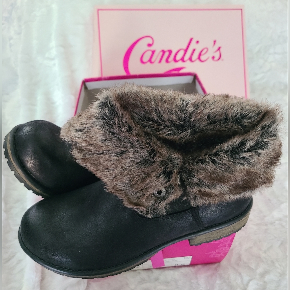 Candie's Black Ankle Boots With Fur, Sz 8.5